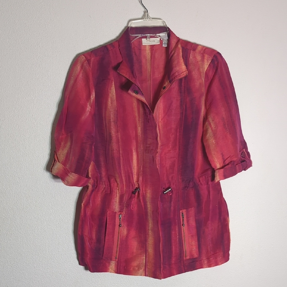 Chicos Womens Jacket Shirt Linen Pink Orange Colorful Sunset Bright Zip Up Small